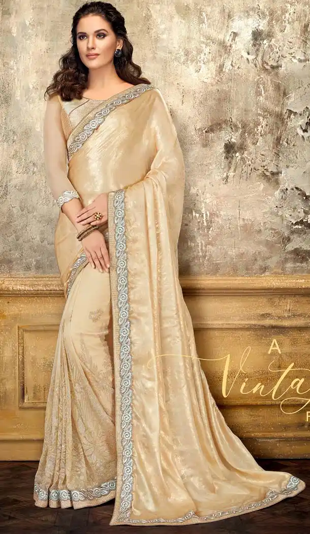Cream Color Satin Georgette Designer Party Wear Saree -648080958