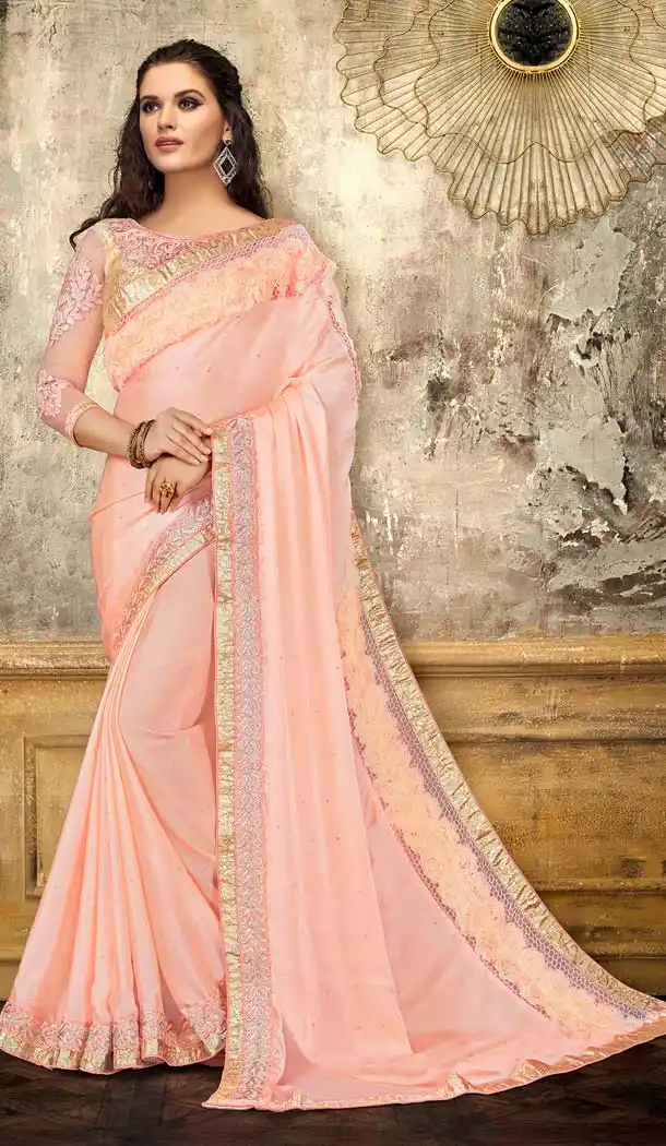 Peach Pink Color Satin Georgette Designer Party Wear Saree -648080961
