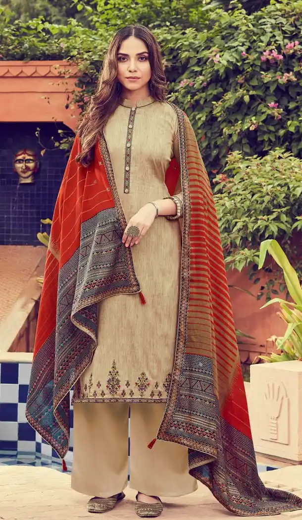 Beige Color Pure Jam Silk Casual Party Palazzo Suit -644880593
