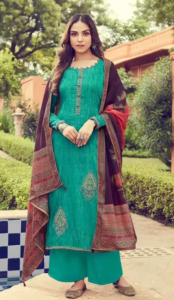 Sea Green Color Pure Jam Silk Casual Party Palazzo Suit -644880594