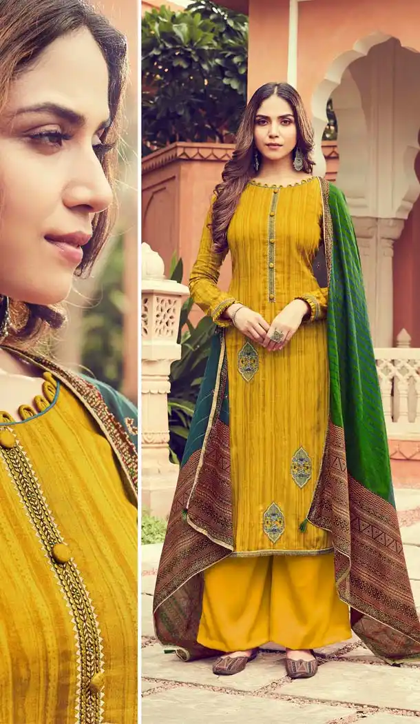 Yellow Color Pure Jam Silk Casual Party Palazzo Suit -644880595