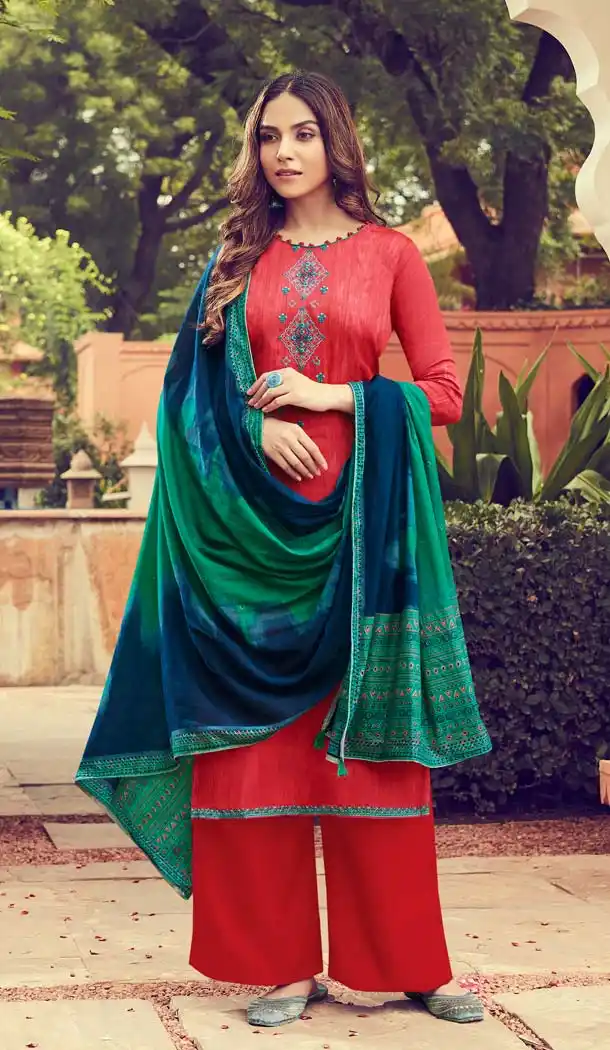 Elegant Red Color Pure Jam Silk Casual Party Palazzo Suit -644880596