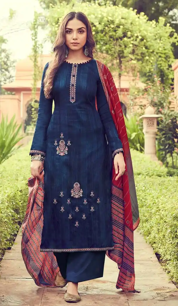 Navy Blue Color Pure Jam Silk Casual Party Palazzo Suit -644880598