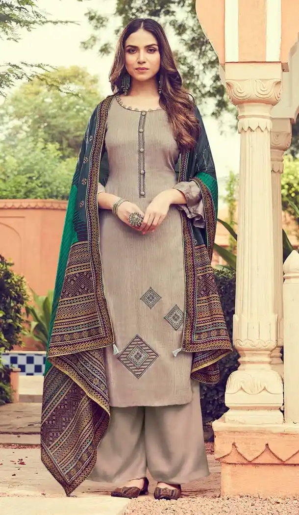 Tan Color Pure Jam Silk Casual Party Palazzo Suit -644880599