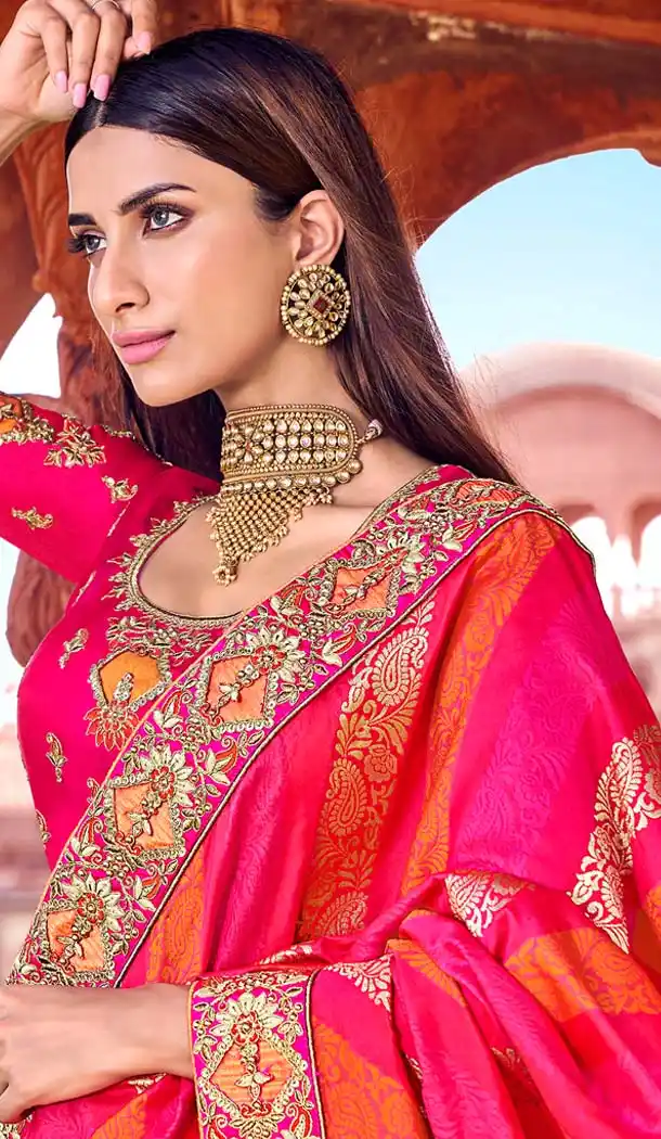 Orange Pink Banarasi Silk Designer Wedding Saree -638479867