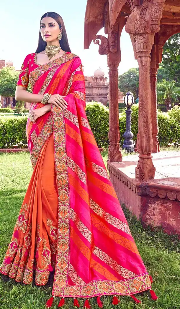Orange Pink Banarasi Silk Designer Wedding Saree -638479867