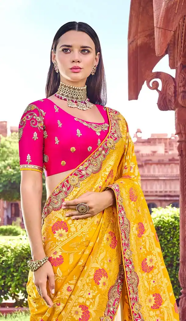 Yellow Cream Banarasi Silk Designer Wedding Saree -638479868