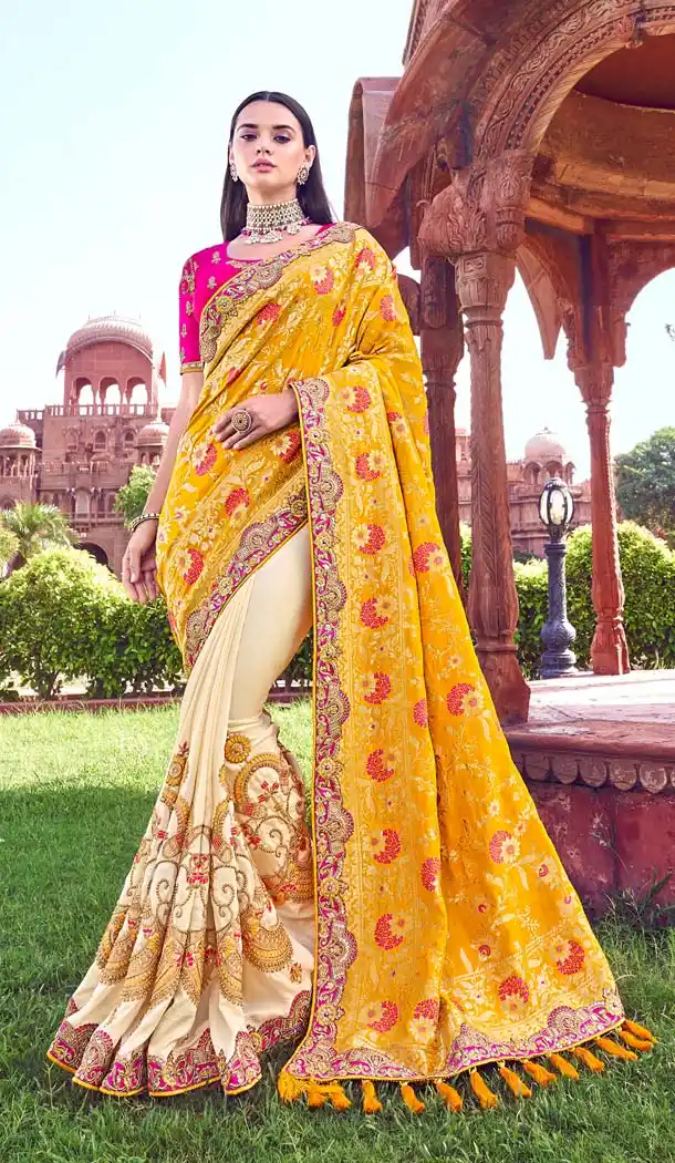 Yellow Cream Banarasi Silk Designer Wedding Saree -638479868