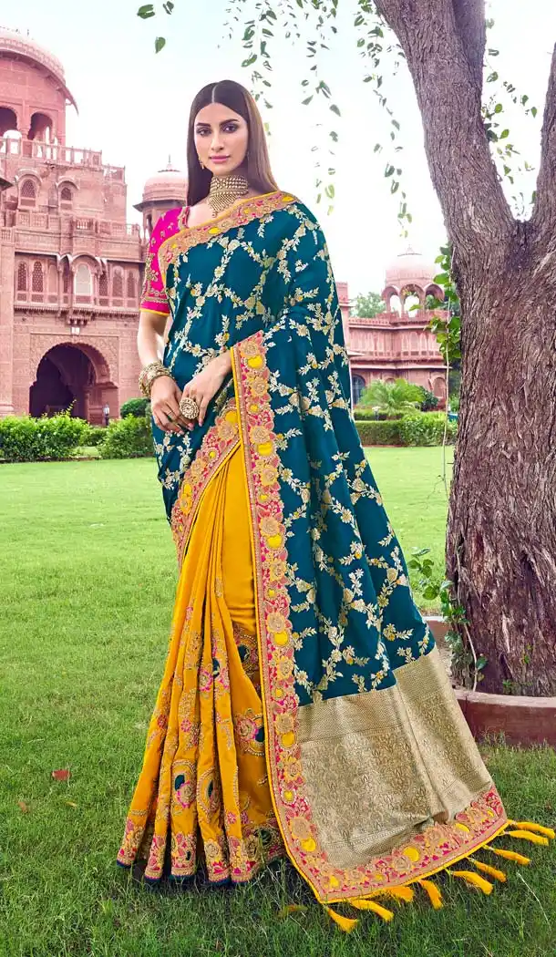 Blue Yellow Banarasi Silk Designer Wedding Saree -638479869