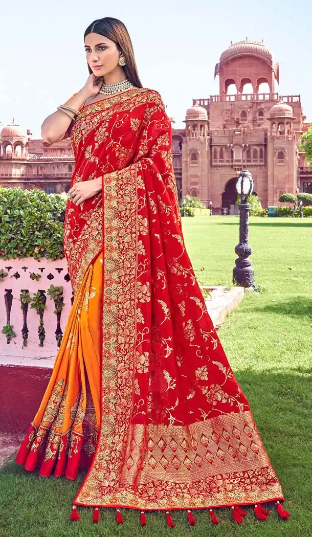 Red Orange Banarasi Silk Designer Wedding Saree -638479870