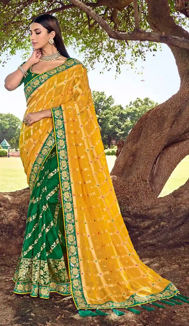 Yellow Green Banarasi Silk Designer Wedding Saree -638479871