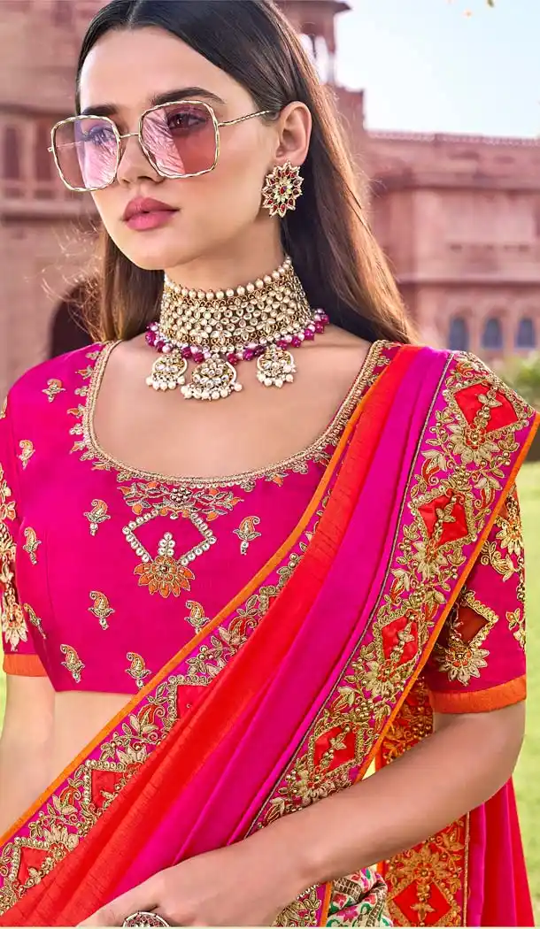 Red Pink Banarasi Silk Designer Wedding Saree -638479872