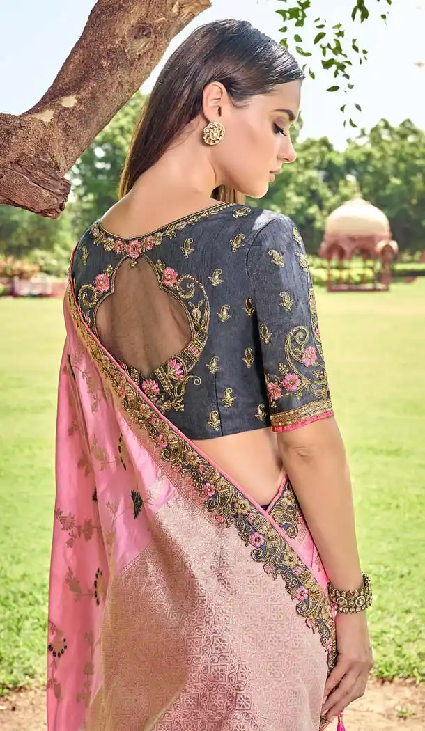 Light Pink Grey Banarasi Silk Designer Wedding Saree -638479873