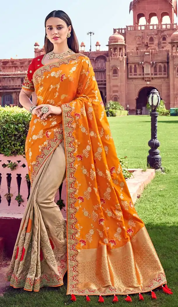 Orange Beige Banarasi Silk Designer Wedding Saree -638479875