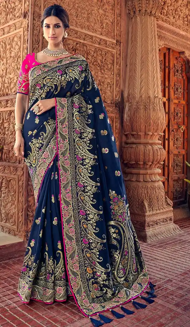 Ethnic Blue Color Silk Designer Wedding Saree Blouse -644580562