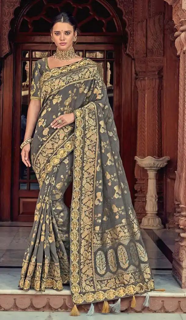 Fancy Grey Color Silk Designer Wedding Saree Blouse -644580564