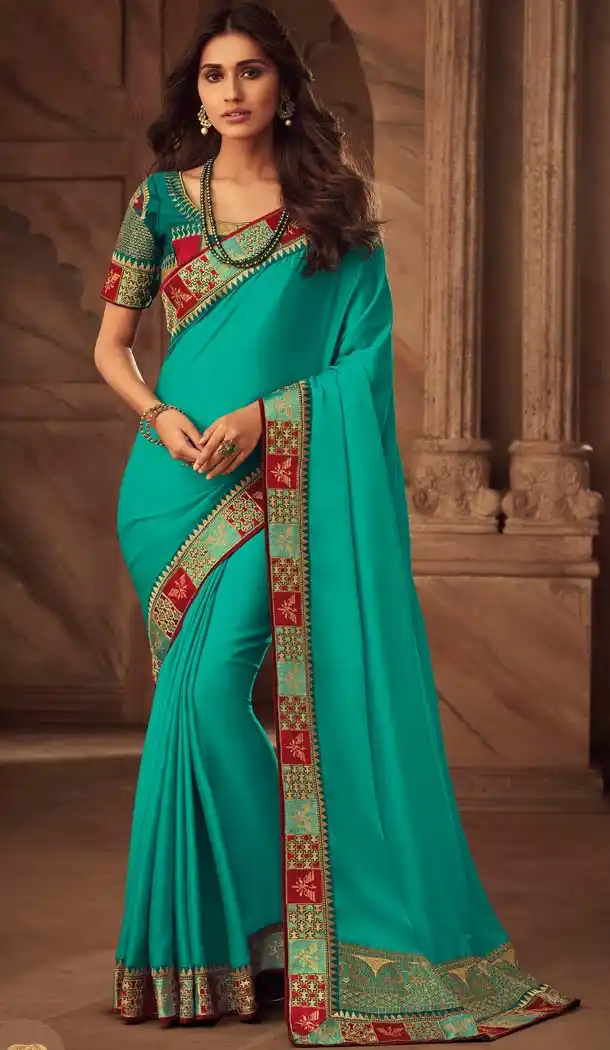 Turquoise Color Silk Designer Trendsetter Saree Blouse -648681028