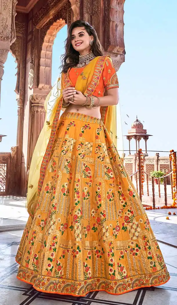 Elegant Yellow Color Silk Designer Bridal Wedding Lehenga Choli -644480553