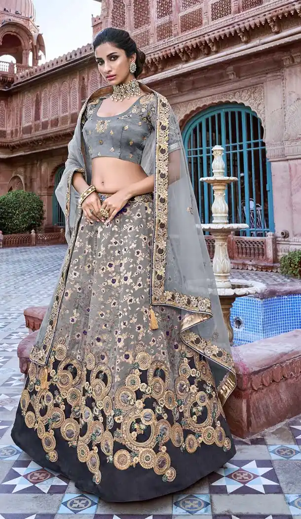 Tantalizing Grey Color Silk Designer Bridal Wedding Lehenga Choli -644480555