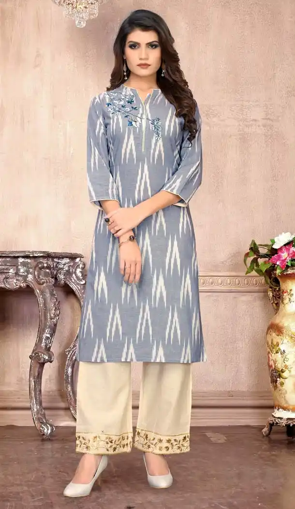 Classy Grey Color Cotton Casual Wear Designer Kurti With Palazzo -647280803