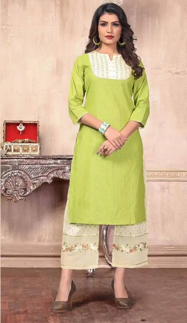 Parrot Green Color Cotton Casual Wear Designer Kurti With Palazzo -647280804