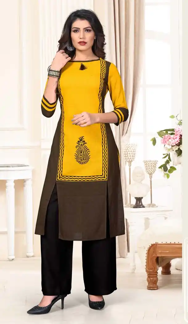 Yellow Color Slub Cotton Casual Wear Designer Kurti With Palazzo -647280805