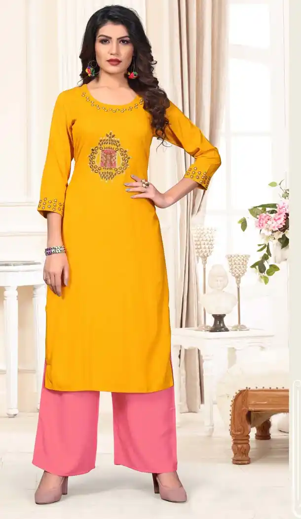 Yellow Color Rayon Casual Wear Designer Kurti With Palazzo -647280809