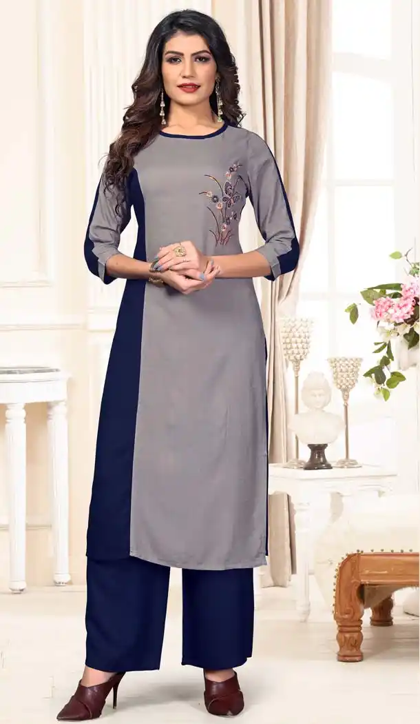 Ethnic Grey Color Rayon Casual Wear Designer Kurti With Palazzo -647280810