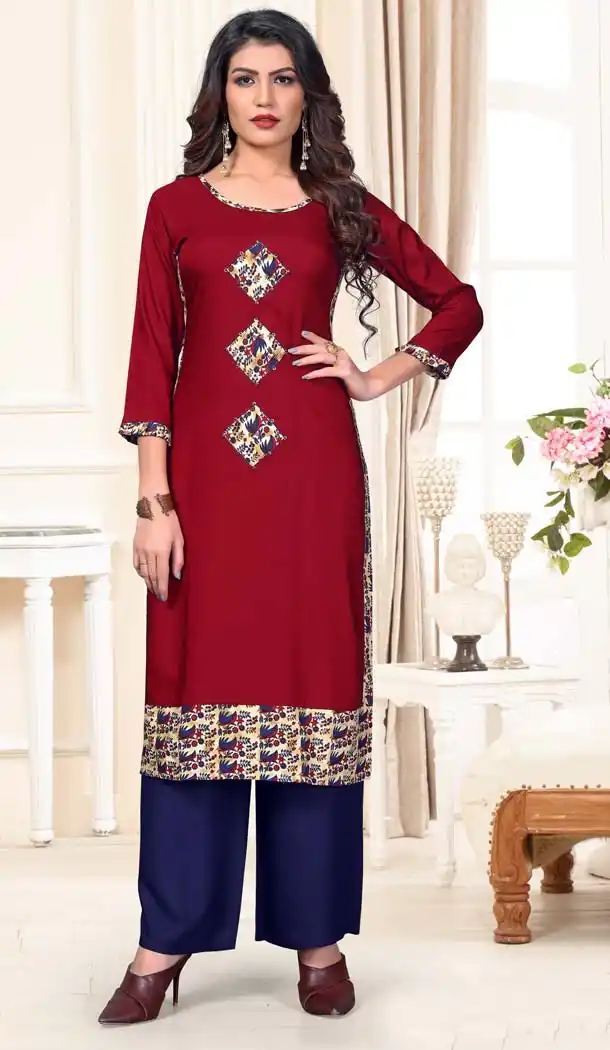 Maroon Color Rayon Casual Wear Designer Kurti With Palazzo -647280811