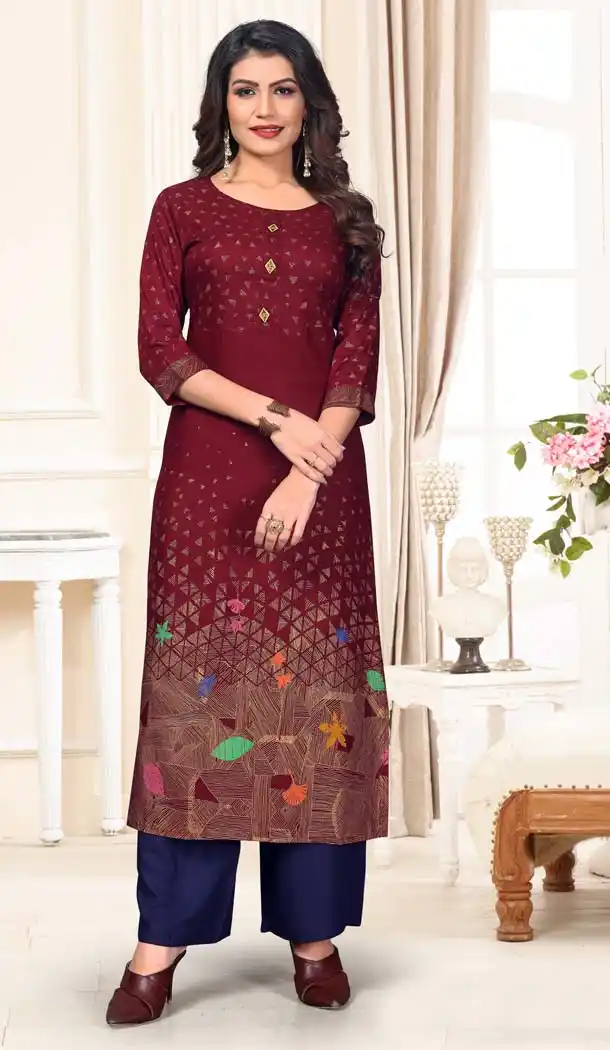 Fancy Maroon Color Rayon Casual Wear Designer Kurti With Palazzo -647280814