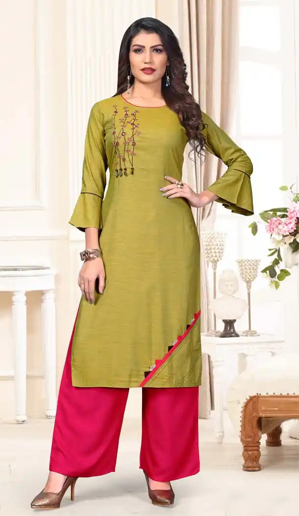Mehendi Green Color Rayon Casual Wear Designer Kurti With Palazzo -647280815