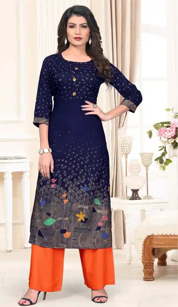 Navy Blue Color Rayon Casual Wear Designer Kurti With Palazzo -647280819