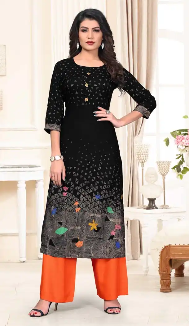 Black Color Rayon Casual Wear Designer Kurti With Palazzo -647280821