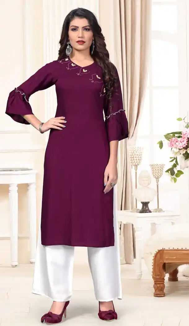 Purple Color Rayon Casual Wear Designer Kurti With Palazzo -647280822