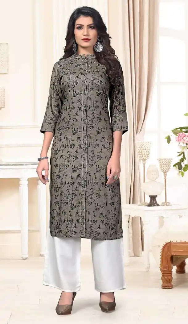Marvelous Grey Color Rayon Casual Wear Designer Kurti With Palazzo -647280823