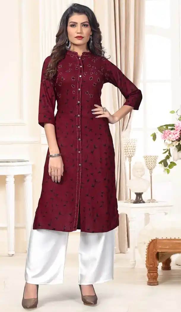 Dark Purple Color Rayon Casual Wear Designer Kurti With Palazzo -647280826