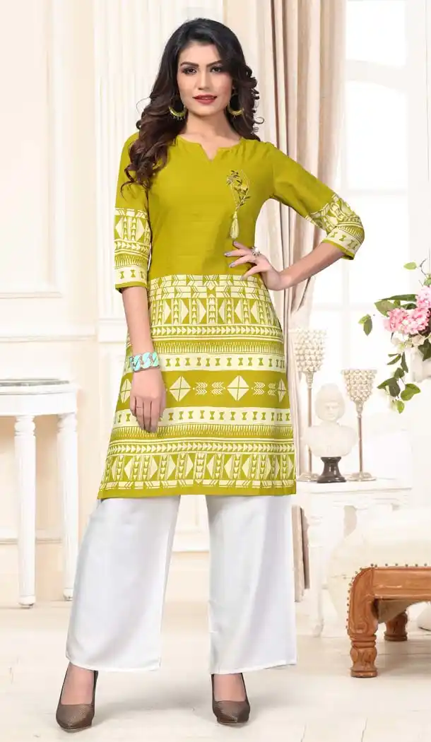 Mahendi Green Color Cotton Casual Wear Designer Kurti With Palazzo -647280827