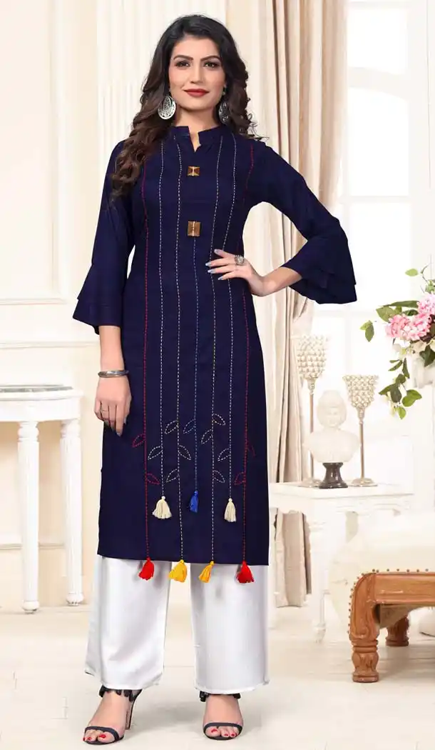 Luscious Blue Color Rayon Casual Wear Designer Kurti With Palazzo -647280829