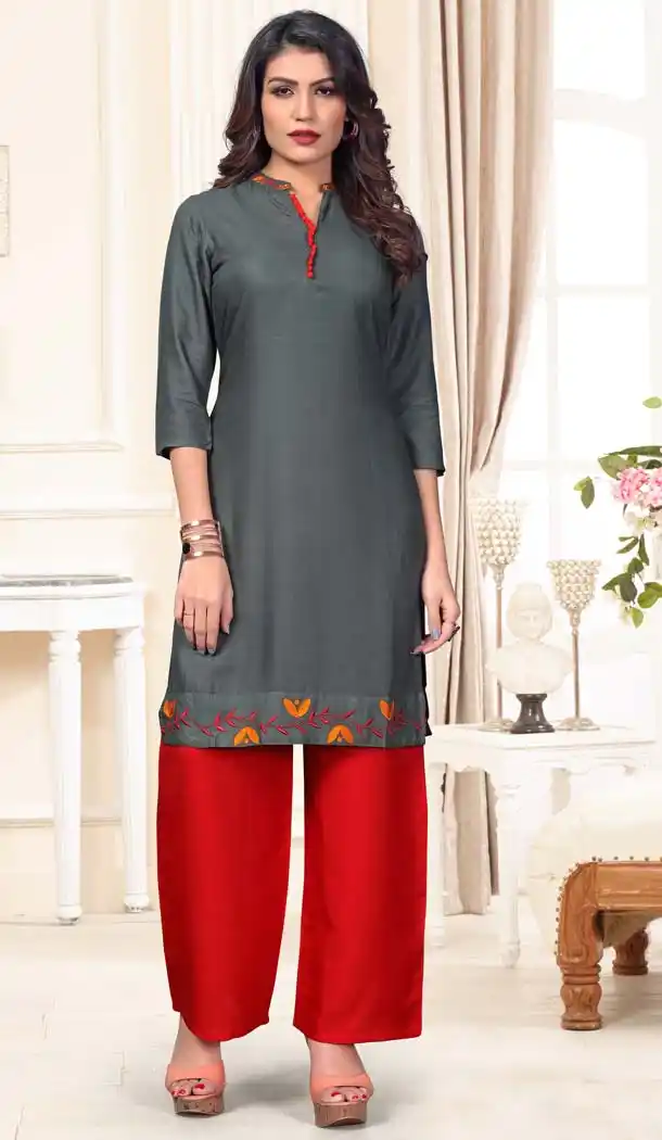 Grey Color Rayon Casual Wear Designer Kurti With Palazzo -647280830