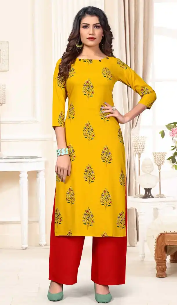 Yellow Color Rayon Casual Wear Designer Kurti With Palazzo -647280835