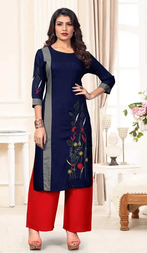 Flamboyant Blue Color Rayon Casual Wear Designer Kurti With Palazzo -647280838