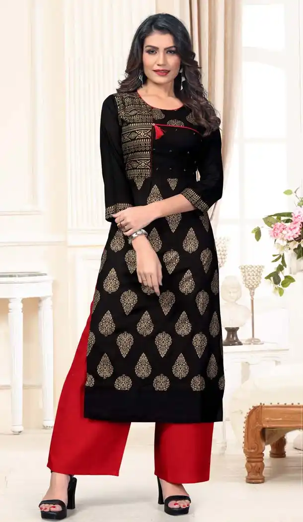 Attractive Black Color Rayon Casual Wear Designer Kurti With Palazzo -647280839