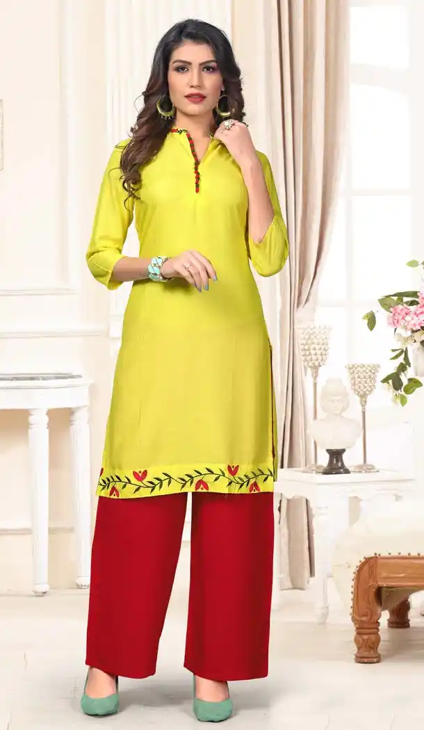 Yellow Color Rayon Casual Wear Designer Kurti With Palazzo -647280831