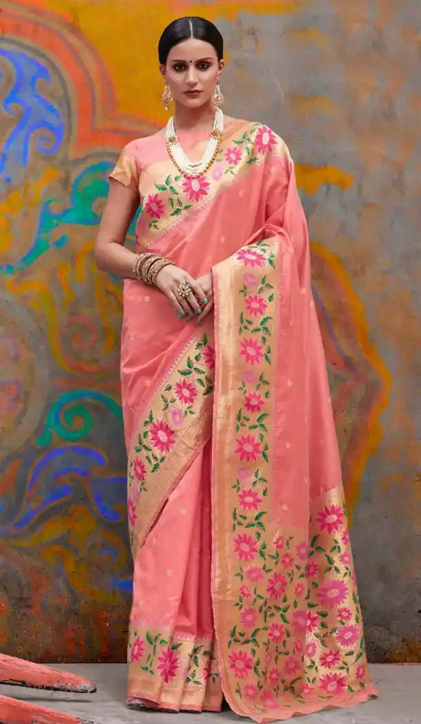Classic Peach Color Handloom Weaving Silk Traditional Saree -649181136