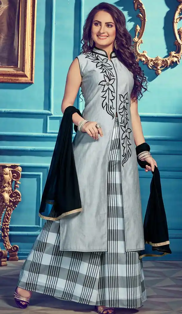 Grey Color Chanderi Silk Designer Readymade Salwar Kameez -649281139