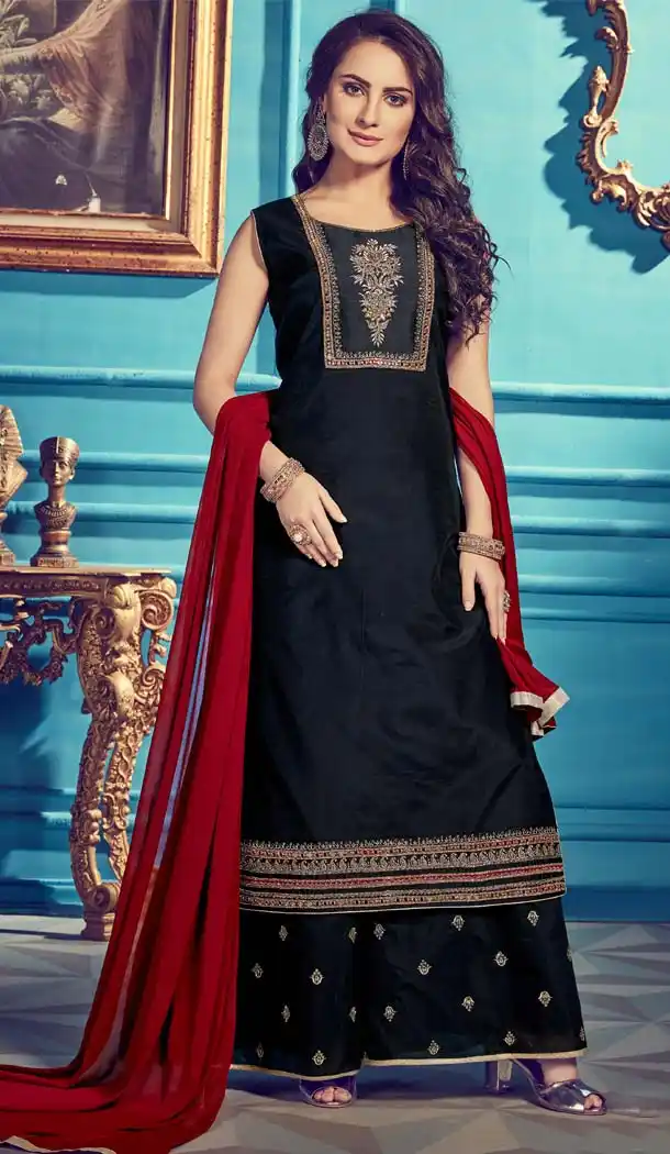 Navy Blue Color Chanderi Silk Designer Readymade Salwar Kameez -649281140