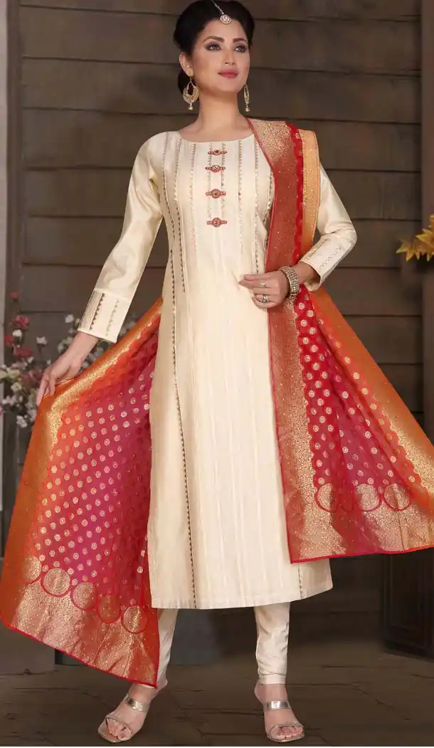 Off White Color Chanderi Silk Designer Readymade Salwar Kameez -649281142