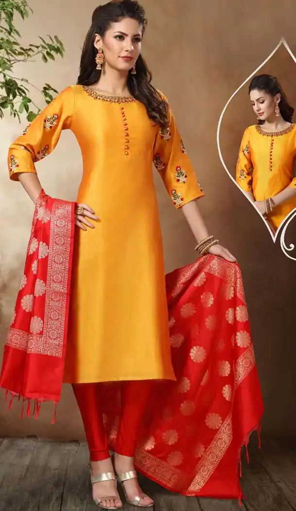 Yellow Color Banarasi Chanderi Designer Readymade Salwar Kameez -649281144