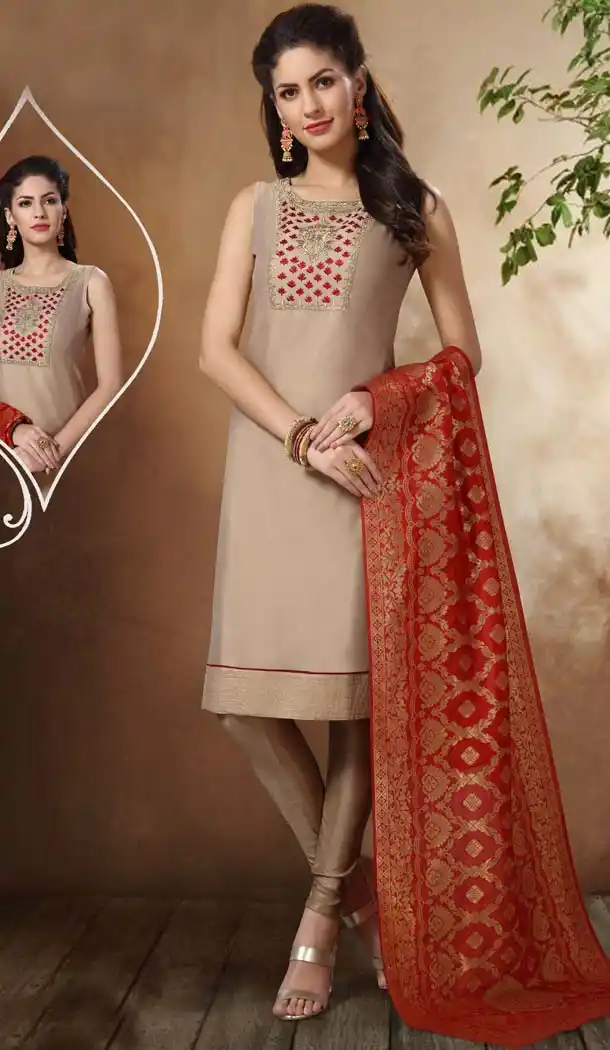 Beige Color Banarasi Chanderi Designer Readymade Salwar Kameez -649281145