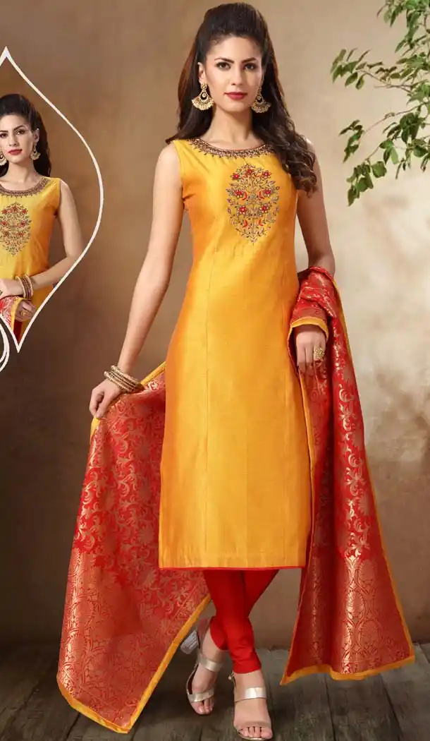 Yellow Color Banarasi Chanderi Designer Readymade Salwar Kameez -649281146
